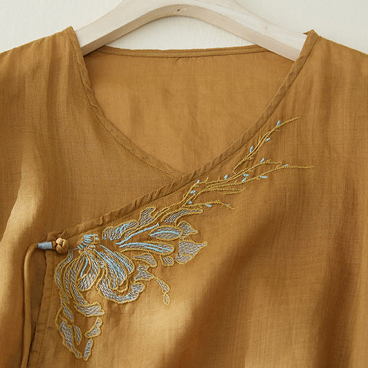 Koszula damska z haftem w kamienie Buddha Stones , z bawełny i lnu, z trzema czwartymi rękawami - image 15