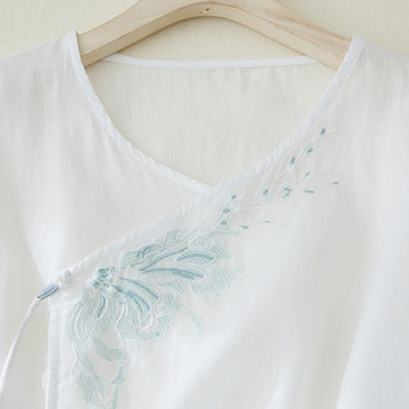 Koszula damska z haftem w kamienie Buddha Stones , z bawełny i lnu, z trzema czwartymi rękawami - image 10