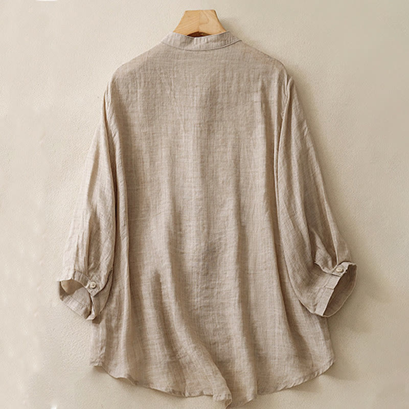 Koszula damska z bawełny i lnu z haftowanym kołnierzykiem i stójką w kształcie Buddha Stones - image 13