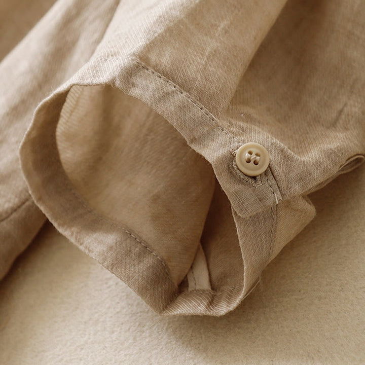 Koszula damska z bawełny i lnu z haftowanym kołnierzykiem i stójką w kształcie Buddha Stones