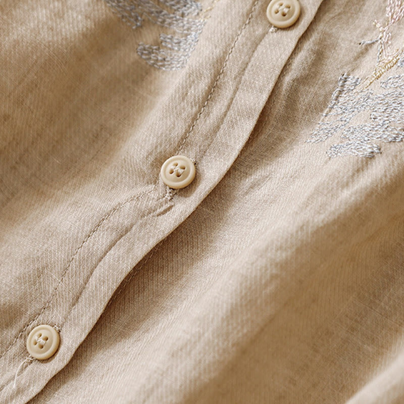 Koszula damska z bawełny i lnu z haftowanym kołnierzykiem i stójką w kształcie Buddha Stones