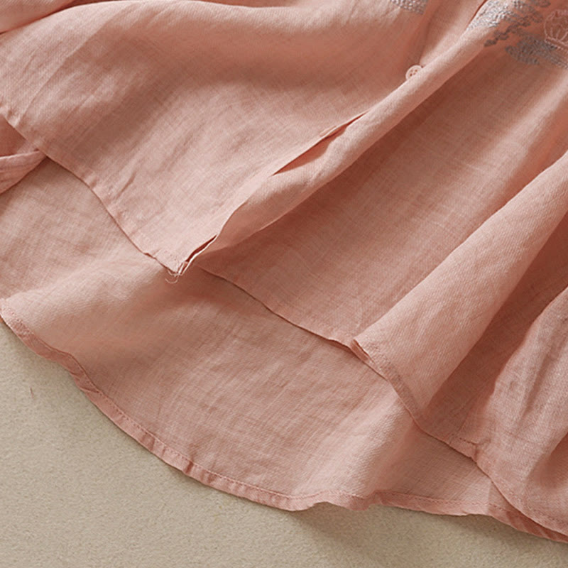 Koszula damska z bawełny i lnu z haftowanym kołnierzykiem i stójką w kształcie Buddha Stones - image 5