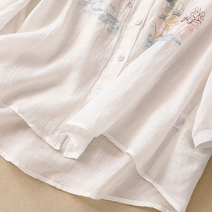 Koszula damska z bawełny i lnu z haftowanym kołnierzykiem i stójką w kształcie Buddha Stones