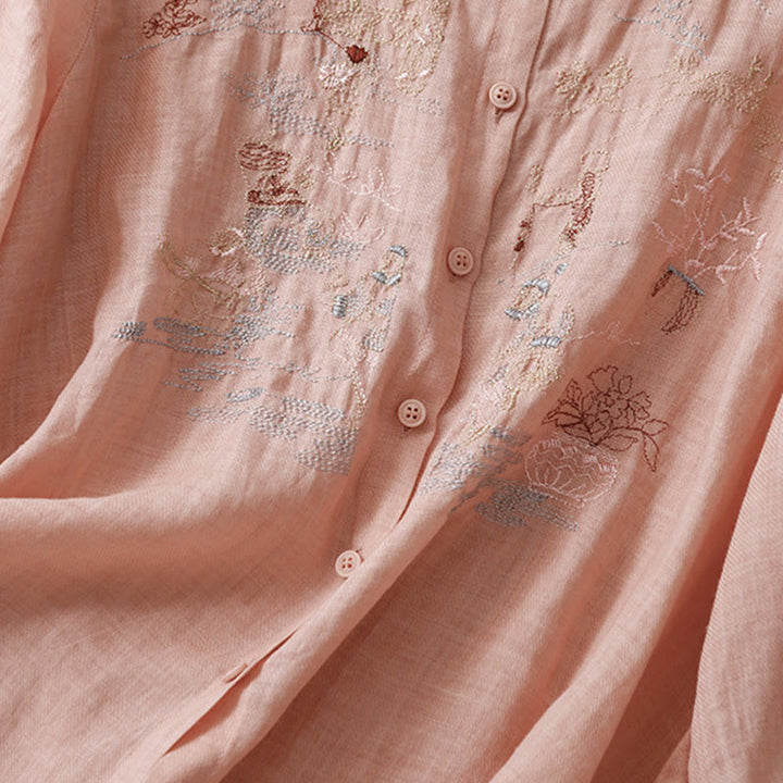 Koszula damska z bawełny i lnu z haftowanym kołnierzykiem i stójką w kształcie Buddha Stones - image 2