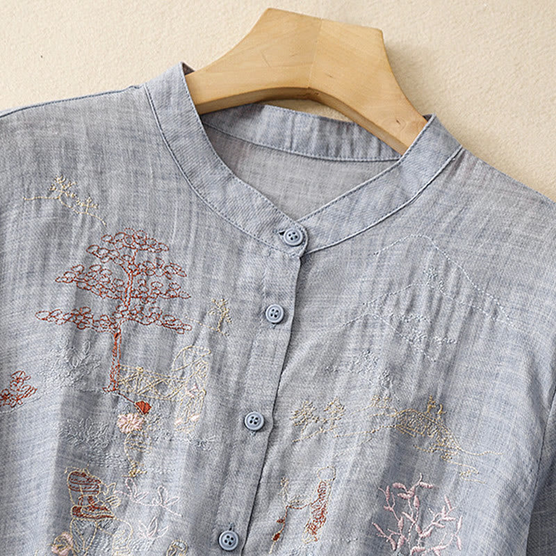 Koszula damska z bawełny i lnu z haftowanym kołnierzykiem i stójką w kształcie Buddha Stones