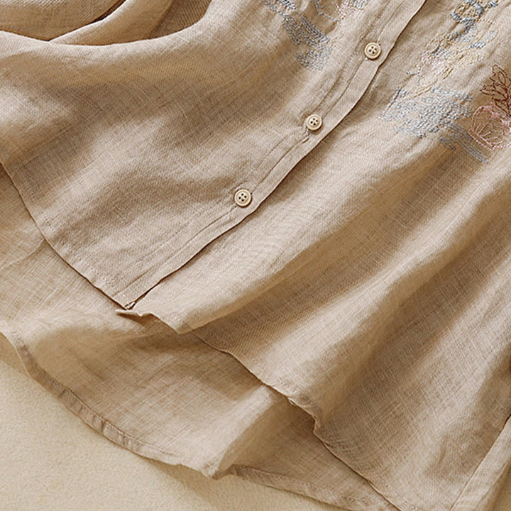 Koszula damska z bawełny i lnu z haftowanym kołnierzykiem i stójką w kształcie Buddha Stones - image 16