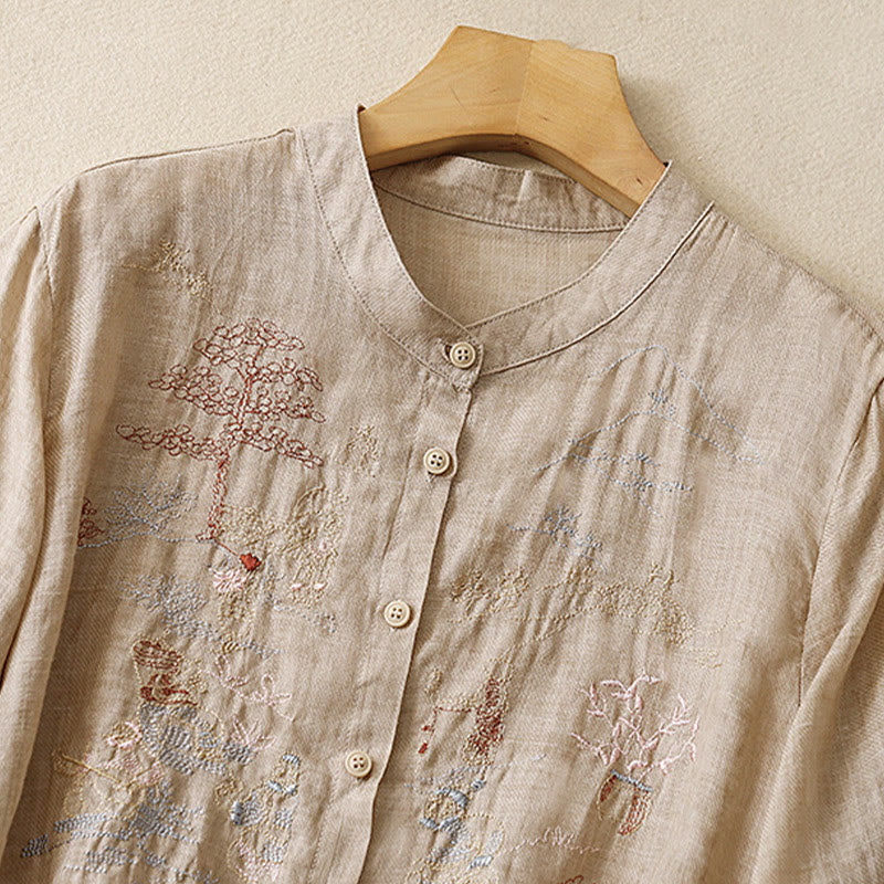 Koszula damska z bawełny i lnu z haftowanym kołnierzykiem i stójką w kształcie Buddha Stones - image 14