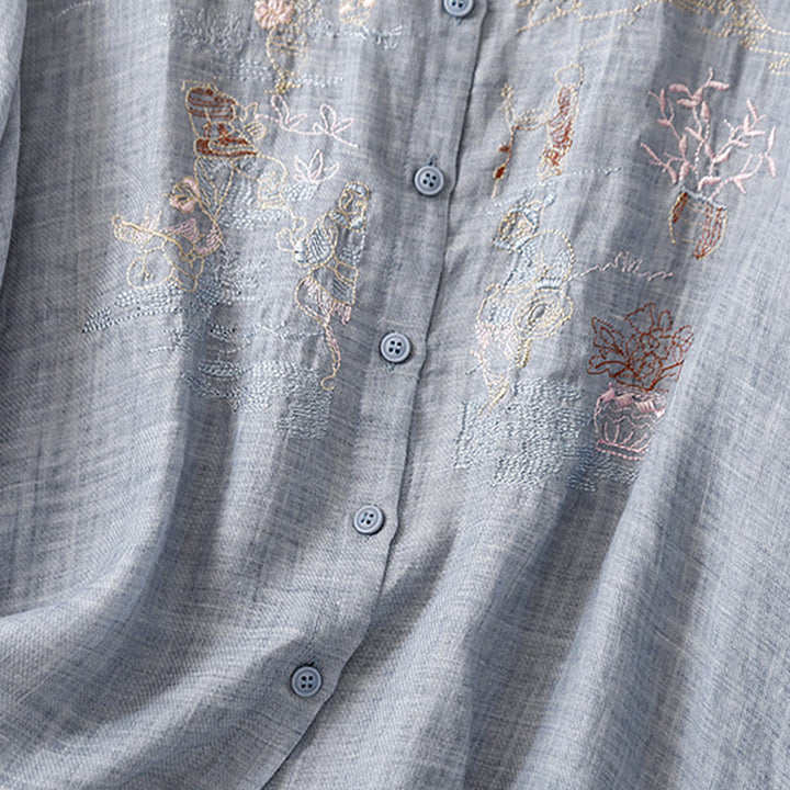 Koszula damska z bawełny i lnu z haftowanym kołnierzykiem i stójką w kształcie Buddha Stones - image 27