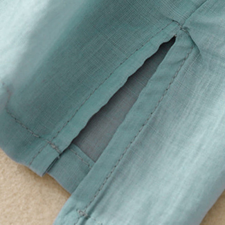 Koszula damska Buddha Stones Casual haftowana z kwiatami i dekoltem w serek, luźna, z półrękawem, z bawełny i lnu - image 27