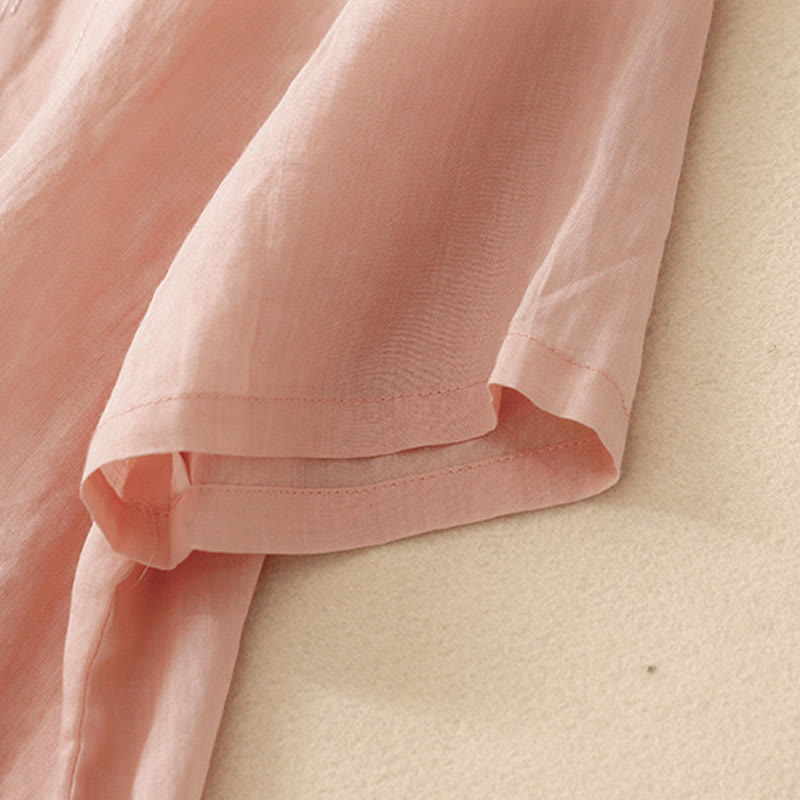 Koszula damska Buddha Stones Casual haftowana z kwiatami i dekoltem w serek, luźna, z półrękawem, z bawełny i lnu - image 4