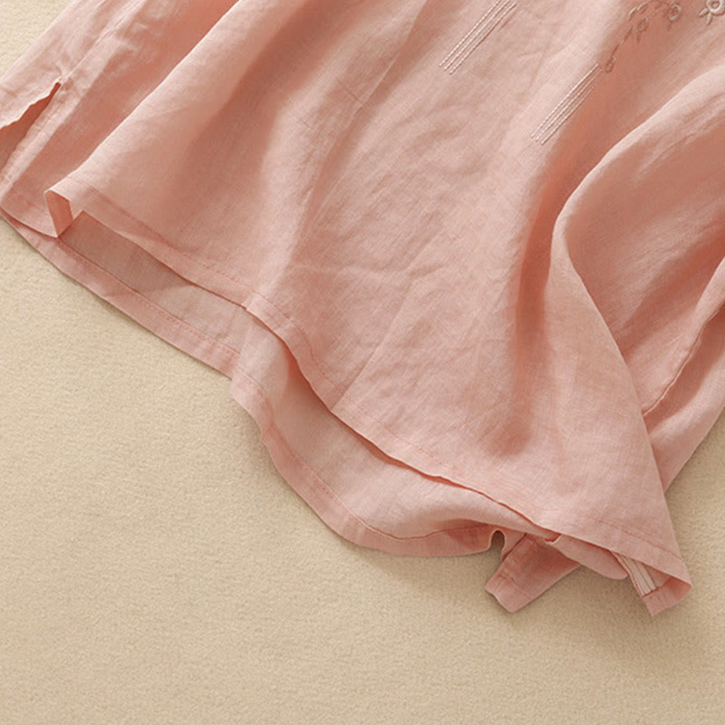 Koszula damska Buddha Stones Casual haftowana z kwiatami i dekoltem w serek, luźna, z półrękawem, z bawełny i lnu