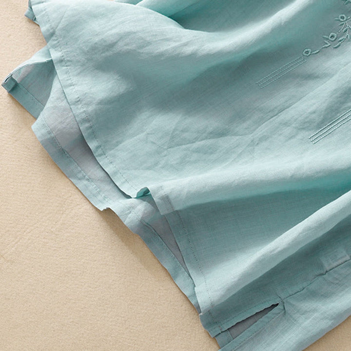 Koszula damska Buddha Stones Casual haftowana z kwiatami i dekoltem w serek, luźna, z półrękawem, z bawełny i lnu - image 26