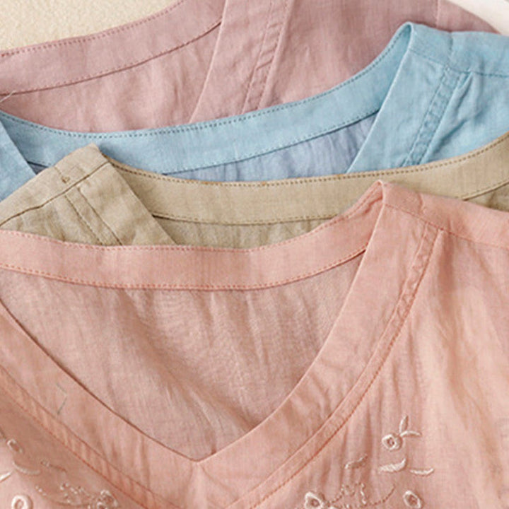 Koszula damska Buddha Stones Casual haftowana z kwiatami i dekoltem w serek, luźna, z półrękawem, z bawełny i lnu - image 28