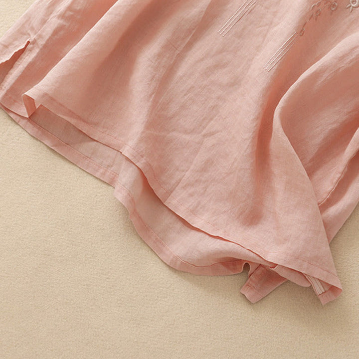 Koszula damska Buddha Stones Casual haftowana z kwiatami i dekoltem w serek, luźna, z półrękawem, z bawełny i lnu - image 3