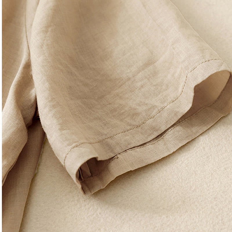 Koszula damska Buddha Stones Casual haftowana z kwiatami i dekoltem w serek, luźna, z półrękawem, z bawełny i lnu