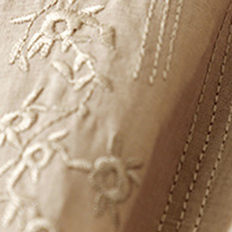 Koszula damska Buddha Stones Casual haftowana z kwiatami i dekoltem w serek, luźna, z półrękawem, z bawełny i lnu