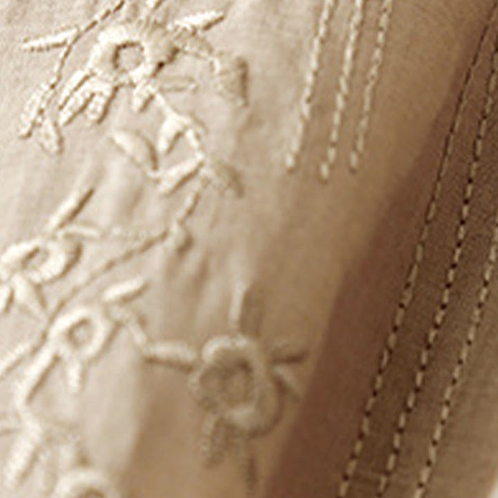 Koszula damska Buddha Stones Casual haftowana z kwiatami i dekoltem w serek, luźna, z półrękawem, z bawełny i lnu