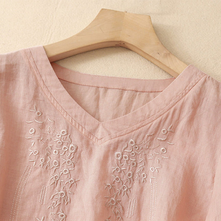 Koszula damska Buddha Stones Casual haftowana z kwiatami i dekoltem w serek, luźna, z półrękawem, z bawełny i lnu - image 1