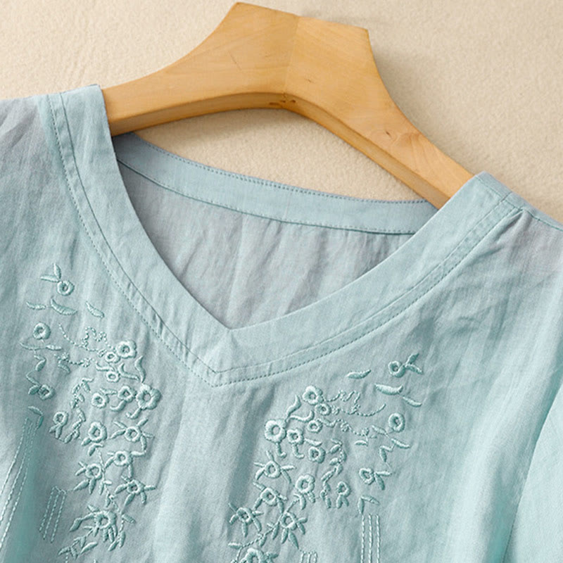 Koszula damska Buddha Stones Casual haftowana z kwiatami i dekoltem w serek, luźna, z półrękawem, z bawełny i lnu - image 23