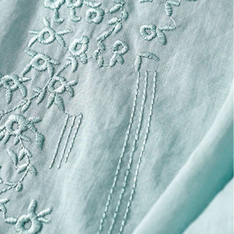 Koszula damska Buddha Stones Casual haftowana z kwiatami i dekoltem w serek, luźna, z półrękawem, z bawełny i lnu - image 24