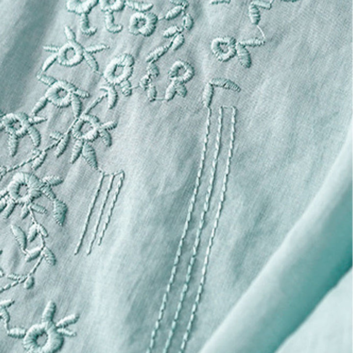 Koszula damska Buddha Stones Casual haftowana z kwiatami i dekoltem w serek, luźna, z półrękawem, z bawełny i lnu - image 24