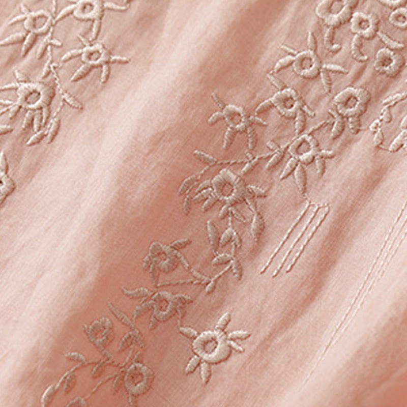 Koszula damska Buddha Stones Casual haftowana z kwiatami i dekoltem w serek, luźna, z półrękawem, z bawełny i lnu - image 2