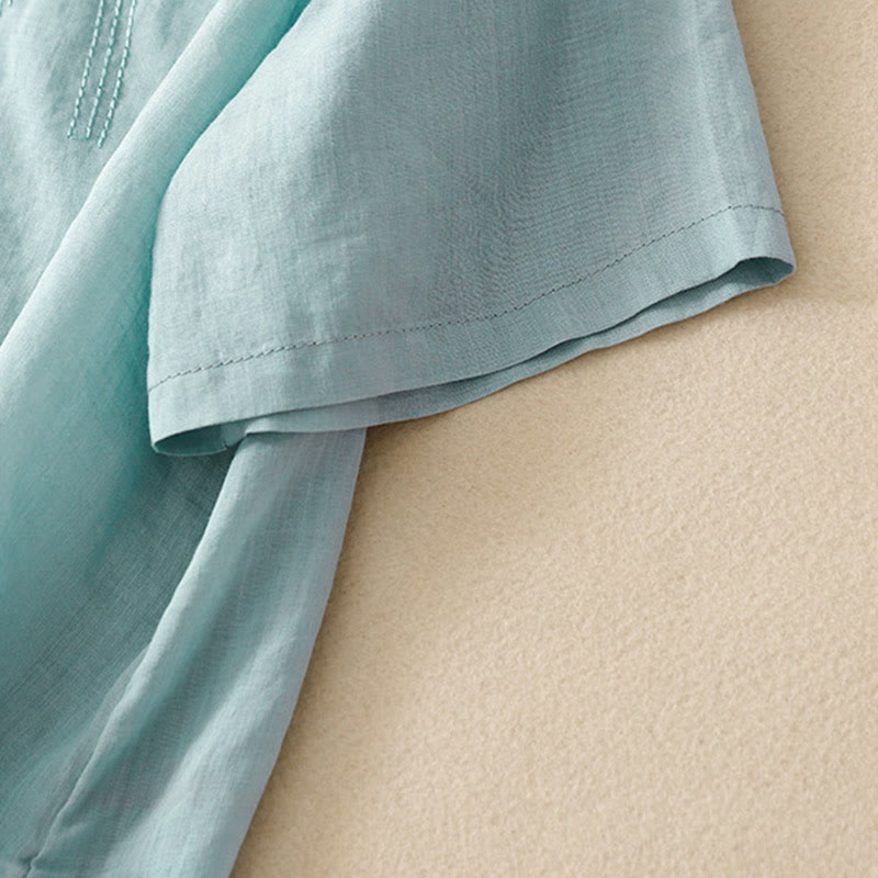 Koszula damska Buddha Stones Casual haftowana z kwiatami i dekoltem w serek, luźna, z półrękawem, z bawełny i lnu