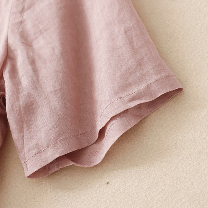 Koszula damska Buddha Stones Casual haftowana z kwiatami i dekoltem w serek, luźna, z półrękawem, z bawełny i lnu - image 10