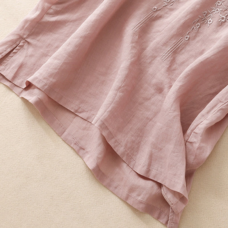 Koszula damska Buddha Stones Casual haftowana z kwiatami i dekoltem w serek, luźna, z półrękawem, z bawełny i lnu