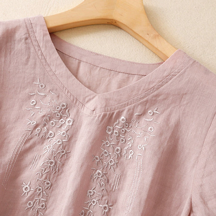 Koszula damska Buddha Stones Casual haftowana z kwiatami i dekoltem w serek, luźna, z półrękawem, z bawełny i lnu