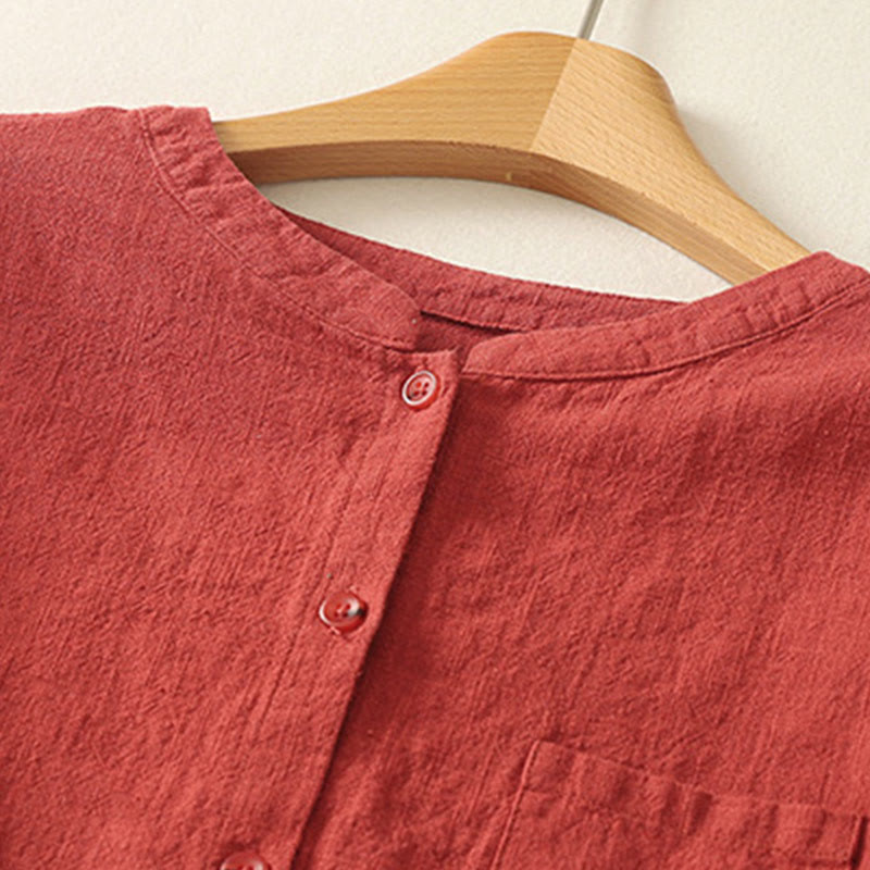 Koszula damska Buddha Stones Casual Loose Standing Collar Long Sleeve Design Gładka bawełniana lniana - image 1