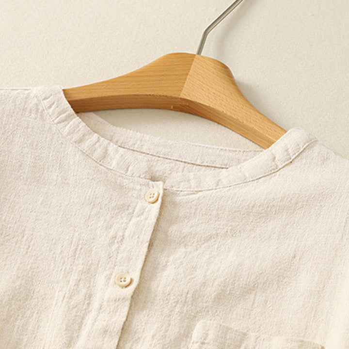 Koszula damska Buddha Stones Casual Loose Standing Collar Long Sleeve Design Gładka bawełniana lniana - image 6