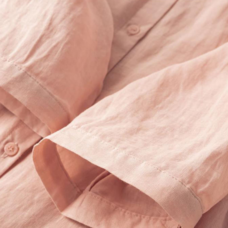 Koszula damska z haftem i stojącym kołnierzykiem Buddha Stones Casual z krótkim rękawem, wykonana z bawełny i lnu - image 17