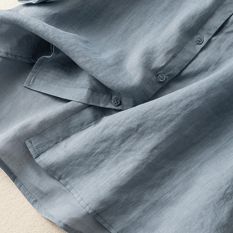 Koszula damska z haftem i stojącym kołnierzykiem Buddha Stones Casual z krótkim rękawem, wykonana z bawełny i lnu - image 13