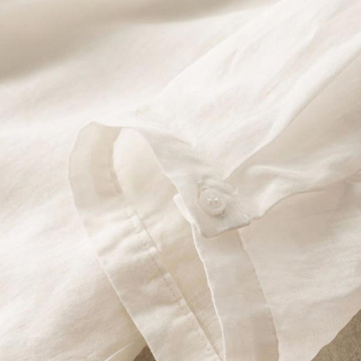 Koszula damska z haftem i stojącym kołnierzykiem Buddha Stones Casual z krótkim rękawem, wykonana z bawełny i lnu