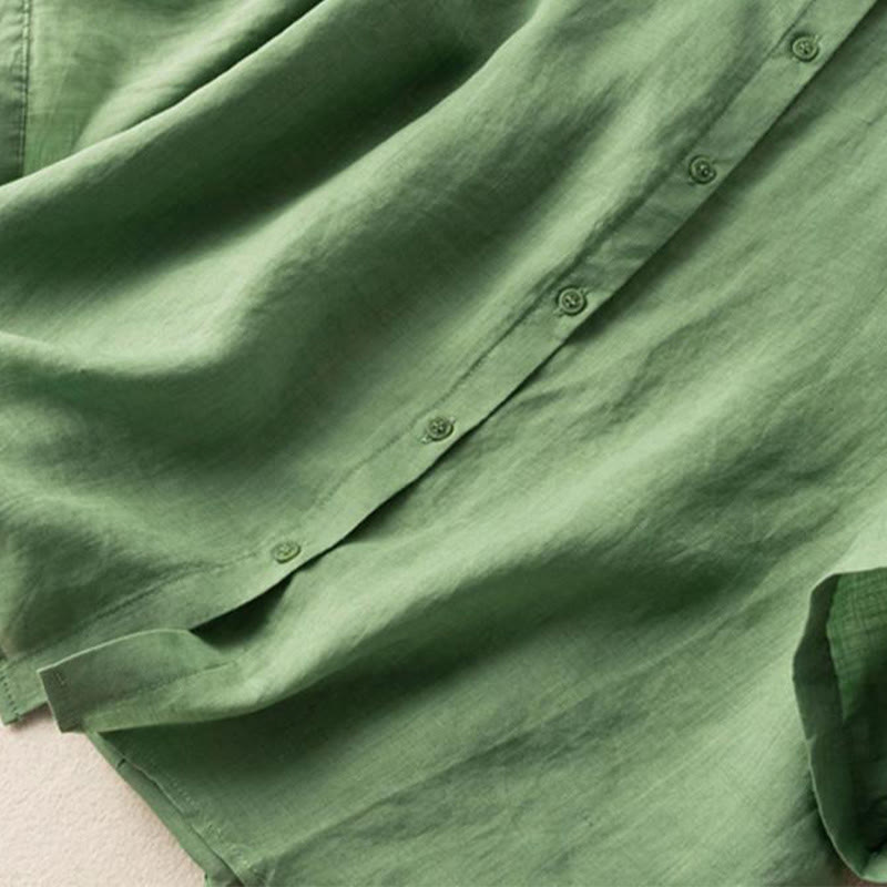 Koszula damska z haftem i stojącym kołnierzykiem Buddha Stones Casual z krótkim rękawem, wykonana z bawełny i lnu