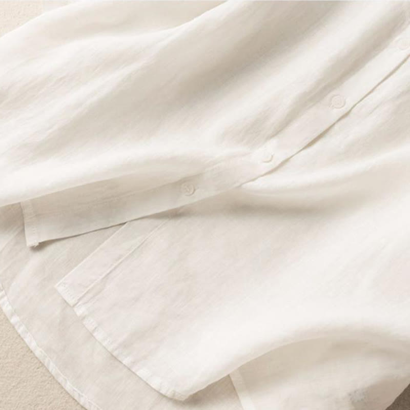 Koszula damska z haftem i stojącym kołnierzykiem Buddha Stones Casual z krótkim rękawem, wykonana z bawełny i lnu - image 9