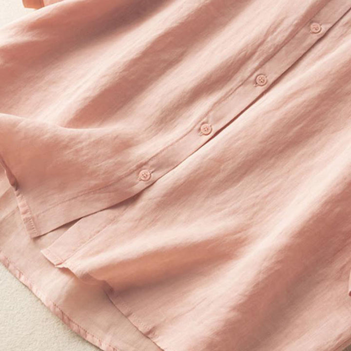 Koszula damska z haftem i stojącym kołnierzykiem Buddha Stones Casual z krótkim rękawem, wykonana z bawełny i lnu