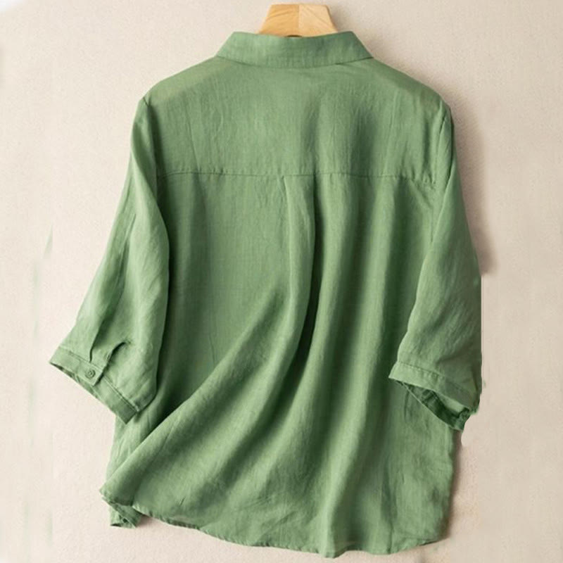 Koszula damska z haftem i stojącym kołnierzykiem Buddha Stones Casual z krótkim rękawem, wykonana z bawełny i lnu - image 1