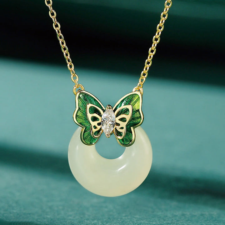 Buddha Stones 925 Srebro Sterling Naturalny Hetian Jade Klamra Pokoju Motyl Cyrkon Szczęścia Bransoletka Naszyjnik Wisiorek
