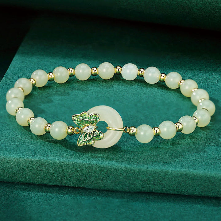 Buddha Stones 925 Srebro Sterling Naturalny Hetian Jade Klamra Pokoju Motyl Cyrkon Szczęścia Bransoletka Naszyjnik Wisiorek
