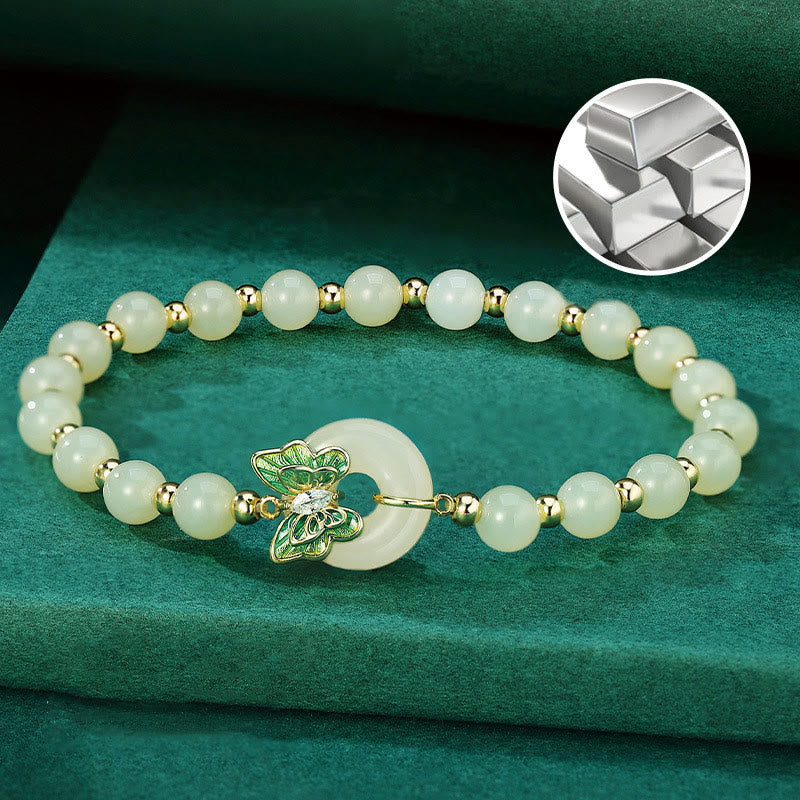 Buddha Stones 925 Srebro Sterling Naturalny Hetian Jade Klamra Pokoju Motyl Cyrkon Szczęścia Bransoletka Naszyjnik Wisiorek