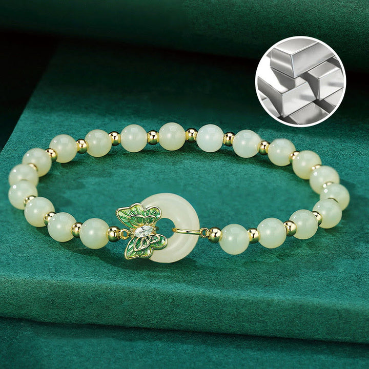 Buddha Stones 925 Srebro Sterling Naturalny Hetian Jade Klamra Pokoju Motyl Cyrkon Szczęścia Bransoletka Naszyjnik Wisiorek