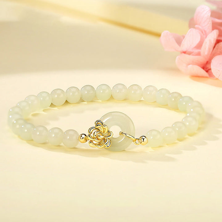 Buddha Stones 925 Srebro Sterling Naturalny Jadeit Hetian Jesienna Chryzantema Spokój Zapięcie Bransoletka Dobrobytu