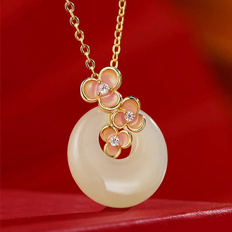 Buddha Stones 925 Srebro Sterling Naturalny Hetian Jade Peach Blossom Peace Buckle Bransoletka Naszyjnik Wisiorek - Naszyjnik z jadeitu - image 10