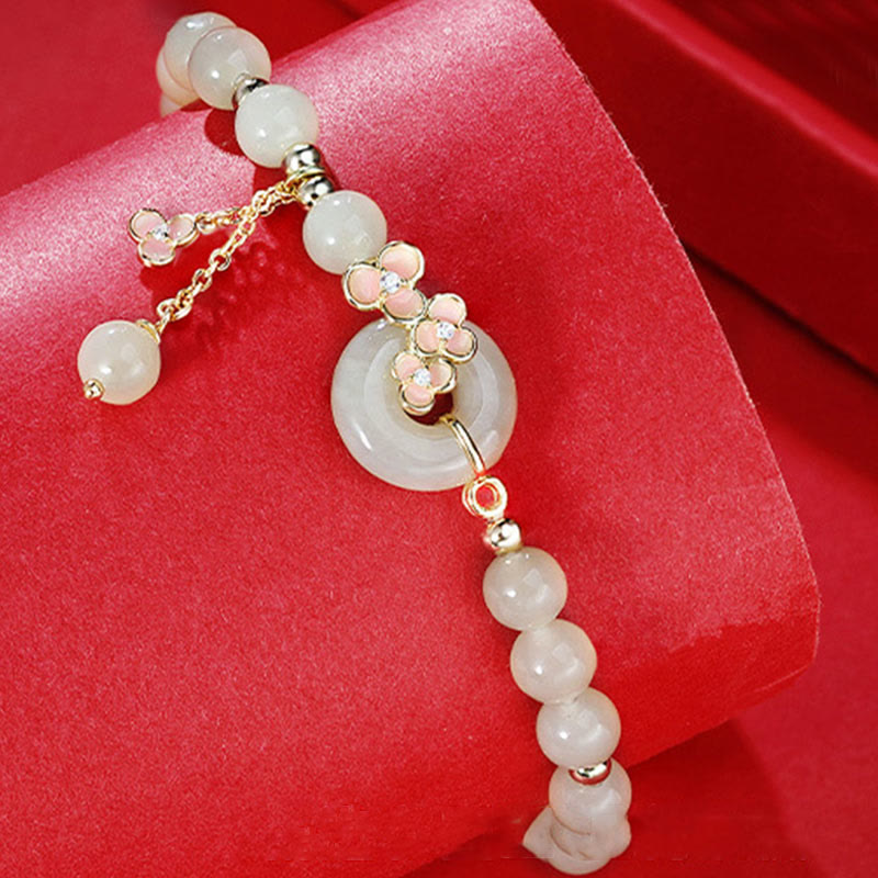 Buddha Stones 925 Srebro Sterling Naturalny Hetian Jade Peach Blossom Peace Buckle Bransoletka Naszyjnik Wisiorek