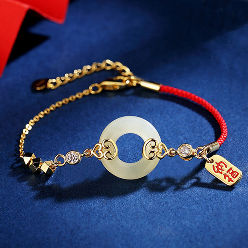 Buddha Stones 925 Srebro Sterling Naturalny Hetian Jade Gourd Klamra Pokoju Cyrkon Szczęścia Bransoletka Naszyjnik Wisiorek Kolczyki - Bransoletka z jadeitu (obwód nadgarstka 14-17 cm) - image 0