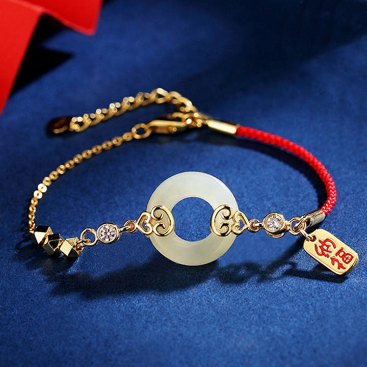 Buddha Stones 925 Srebro Sterling Naturalny Hetian Jade Gourd Klamra Pokoju Cyrkon Szczęścia Bransoletka Naszyjnik Wisiorek Kolczyki - Bransoletka z jadeitu (obwód nadgarstka 14-17 cm) - image 0