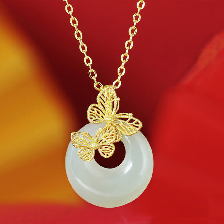 Buddha Stones 925 Srebro Sterling Naturalny Hetian Jade Butterfly Naszyjnik Wisiorek Dobrobyt