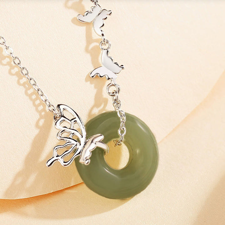 Buddha Stones 925 Srebro Sterling Naturalny Hetian Jade Klamra Pokoju Motyl Szczęście Dobrobyt Bransoletka Naszyjnik Wisiorek